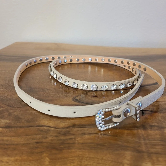 Y2K Ivory Rhinestone Studded Skinny Belt - Picture 2 of 4